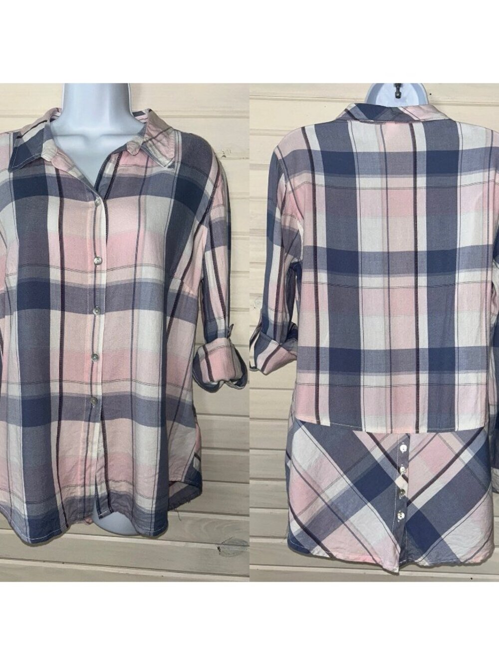 Liverpool Los Angeles Sz MEDIUM Blouse Pink Blue Plaid Button Back VGUC